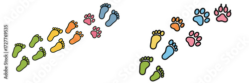 Colorful footprints and paw prints create a playful trail on a white background