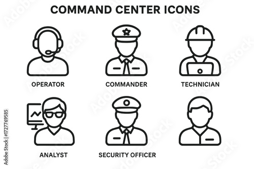 Icons representing various roles in a command center including operator, commander, technician, analyst, and security officer