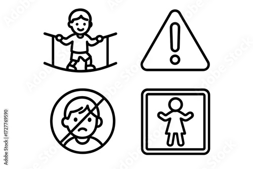 Safety signs for children in playground with warnings about potential dangers and activity guidelines