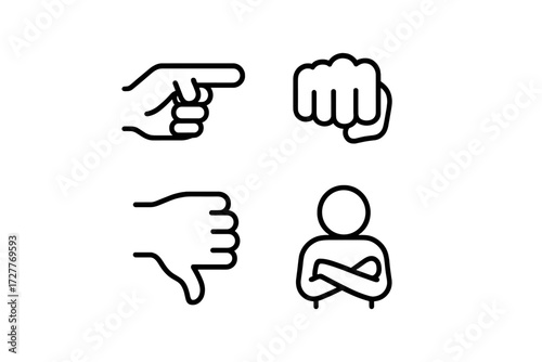 Different hand gestures representing emotions and attitudes in a simple graphic design