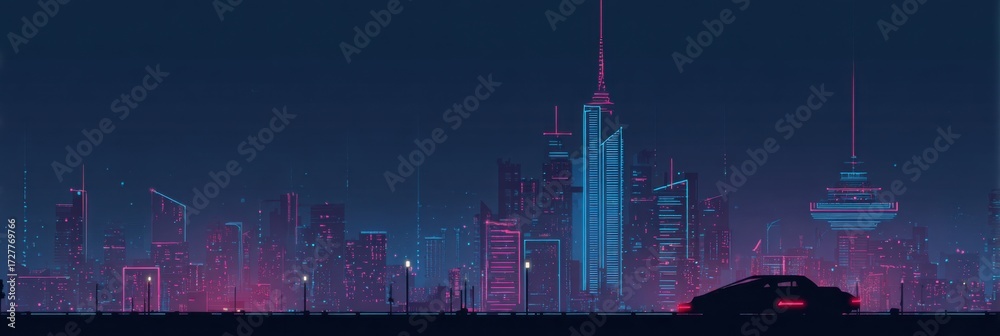 Fototapeta premium City Skyline With Neon Lights and Car Silhouette During Nighttime in a Futuristic Setting