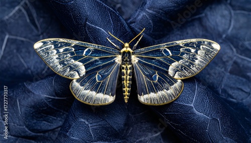 Close-up of a decorative moth on dark fabric