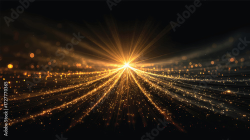 A radiant burst of golden light with sparkling particles and rays emanating outward, creating a sense of depth and motion on dark black background