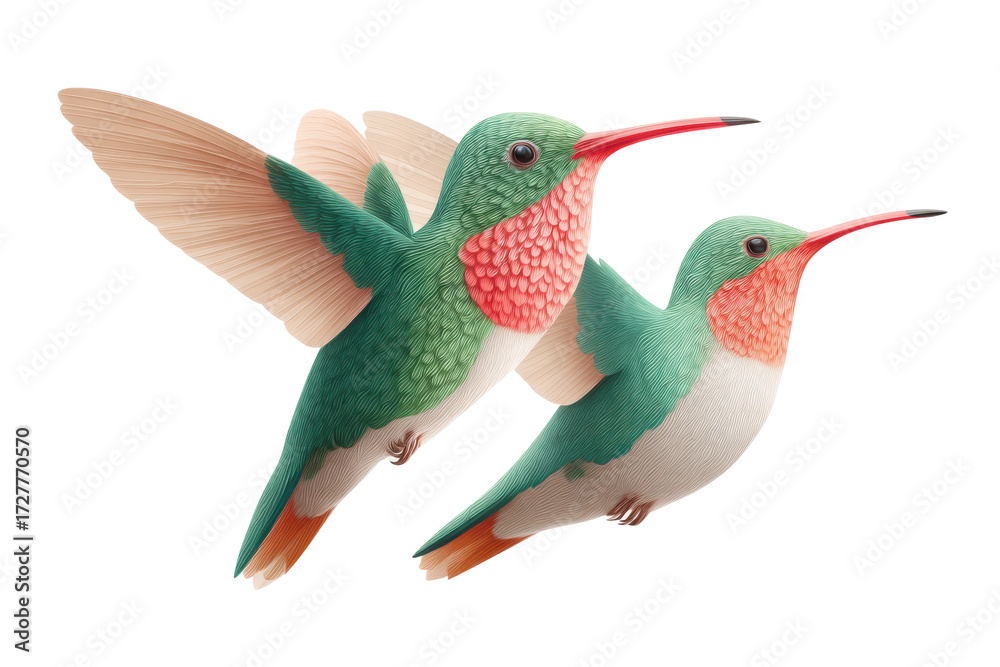 Obraz premium Two colorful hummingbirds in flight against white background, cut out