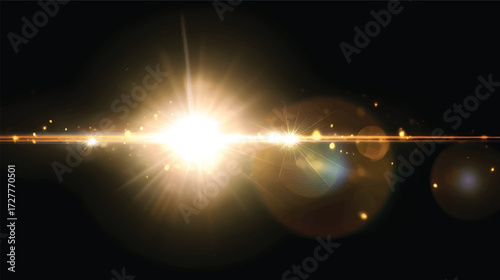 A radiant burst of golden light with sparkling particles and rays emanating outward, creating a sense of depth and motion on dark black background