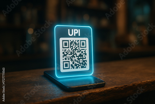 UPI QR code digital payment system glowing in neon light on counter, futuristic fintech transaction concept for cashless economy, secure mobile wallet technology and contactless online payment innovat