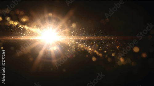 A radiant burst of golden light with sparkling particles and rays emanating outward, creating a sense of depth and motion on dark black background