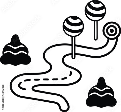 whimsical candy land with chocolate rivers illustration on transparent background
