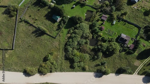poor country houses, villas, cottages and mansions outside the city among the greenery in the forest filmed from the height of a drone