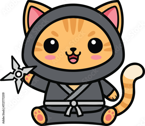 Cute Orange Cartoon Ninja Cat with Shuriken Vector Illustration

