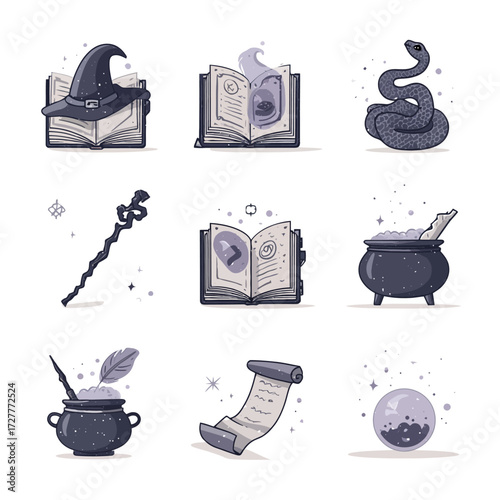 Nine pixel art illustrations a witch's hat, books, a snake, a staff, a cauldron, scroll, and crystal ball