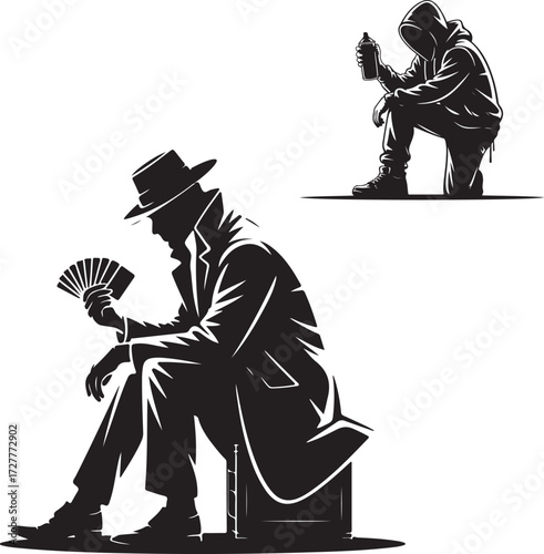 Silhouette of a man in a trench coat holding playing cards and a hooded figure with a spray can vector