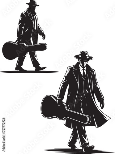 Two black silhouette figures of men in fedora hats and trench coats carrying guitar cases walking male