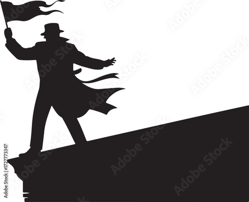 Silhouette of a man in a trench coat and hat holding a waving flag on a cliff edge vector