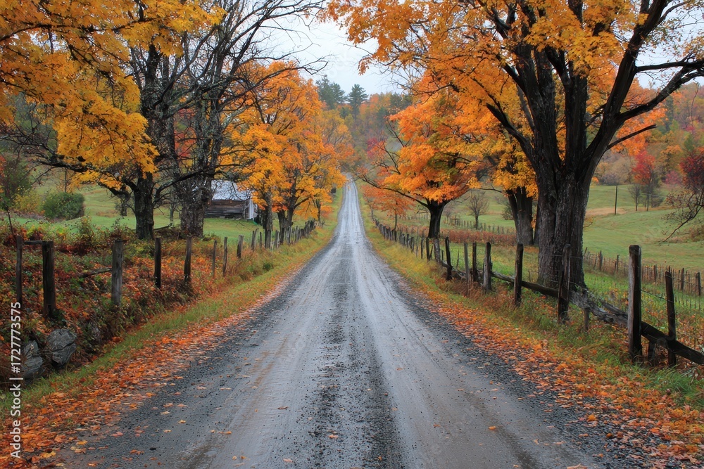 Naklejka premium Countryside road winding through vibrant fall foliage in Vermont with a serene atmosphere and colorful trees along the path
