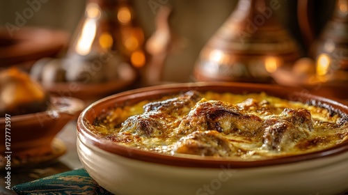 Albanian Tavë Kosi isolated on a white ceramic dish over a clean surface, succulent lamb covered in baked yogurt cream, 