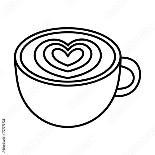 Outline of coffee cup with heart latte art on white background  