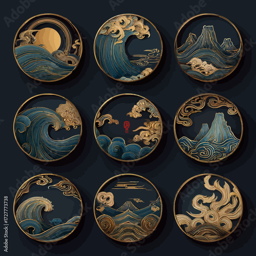 Nine ornate roundels show golden water, sun, mountain landscapes in dark blue