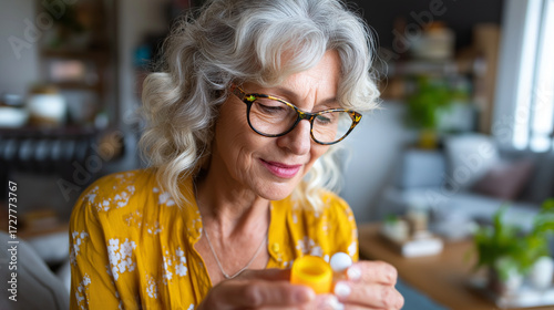 Elderly woman reading the label before swallowing her medication in a sunlit living room, senior prescription routine, home elderly health, woman taking pills, senior daily medicat