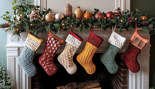 Cozy knitted Christmas stockings hung on mantle with festive garland and ornaments