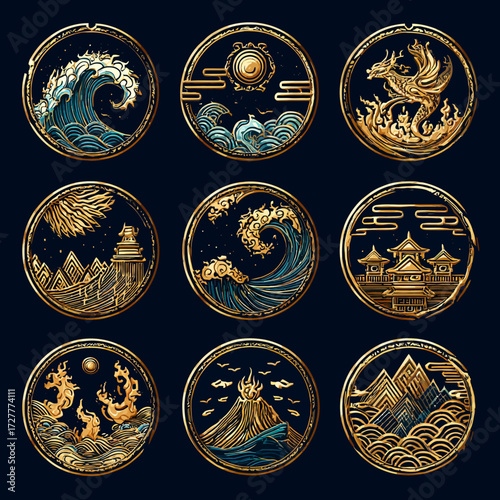 Asian-inspired collection of nine golden circular icons with ocean, dragon, etc