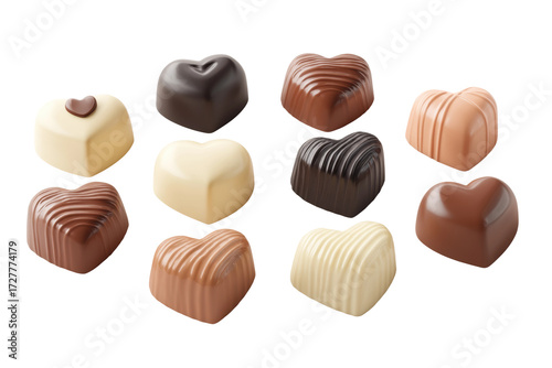 Assorted heart-shaped milk, dark, and white chocolates on white background, cut out