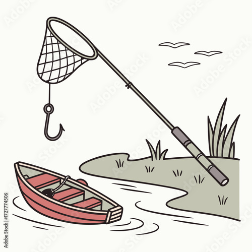 A charming illustration of a fishing net and hook suspended above a small red rowboat floating on calm water near a grassy shore with birds flying overhead