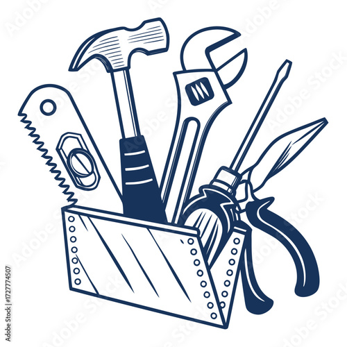 A collection of essential hand tools including a hammer adjustable wrench screwdriver pliers and saw neatly arranged in a toolbox illustration
