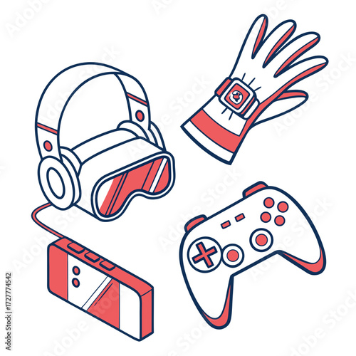 A collection of modern gaming technology including a virtual reality headset gaming controller vr glove and portable gaming device
