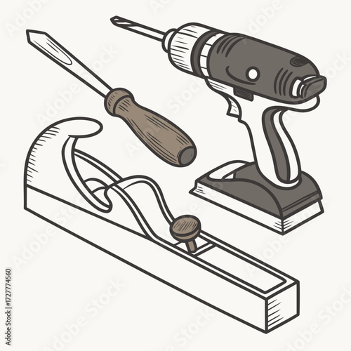 A collection of woodworking tools including a hand plane a chisel and a cordless drill presented in a clean illustration style