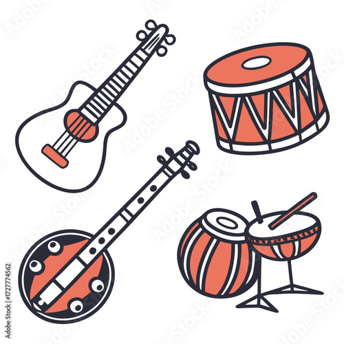 A collection of traditional and modern musical instruments including a guitar sitar tabla drums and a snare drum in a simple graphic style