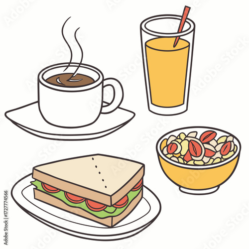 A delicious and healthy breakfast spread featuring a steaming cup of coffee a refreshing glass of orange juice a hearty sandwich and a bowl of cereal