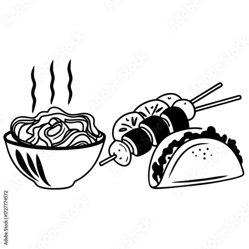 A delicious and diverse meal featuring a steaming bowl of noodles savory skewers of meat and vegetables and a classic taco