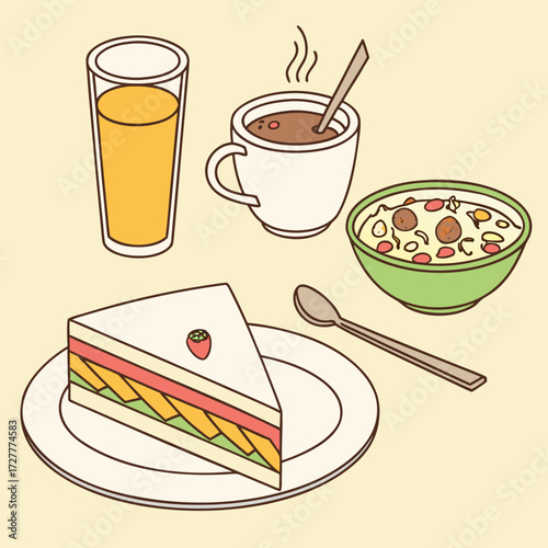A delicious and healthy breakfast spread featuring a sandwich cereal coffee and orange juice on a light background