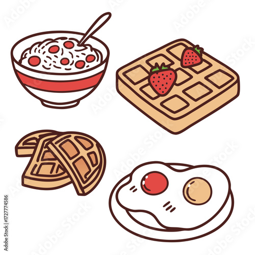 A delightful assortment of breakfast foods including a bowl of cereal with berries waffles with strawberries and fried eggs on a plate