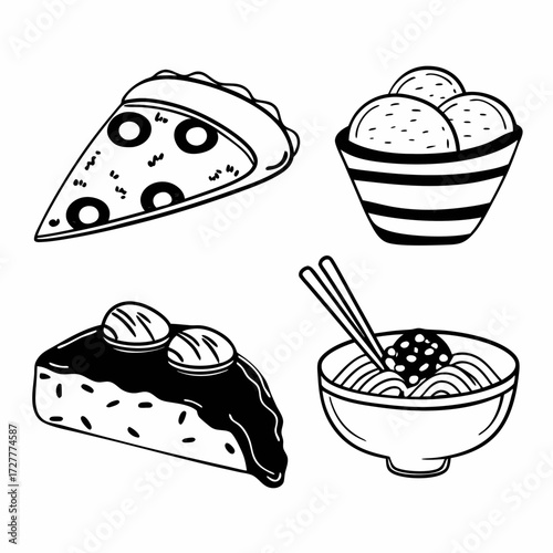 A delightful collection of hand drawn black and white food illustrations including pizza ice cream cake and noodles with chopsticks