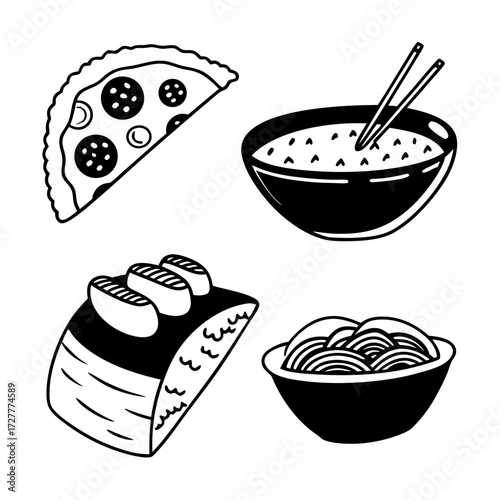 A delightful collection of hand drawn food icons featuring a slice of pepperoni pizza a bowl of rice with chopsticks a piece of sushi and a bowl of noodles