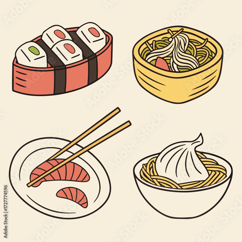 A delightful collection of hand drawn asian food illustrations including sushi noodles sashimi and dumplings presented on a light background