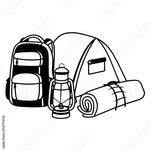Black and white illustration of camping gear including a backpack tent lantern and sleeping mat for outdoor adventures
