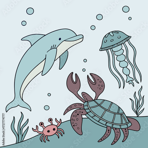 Charming cartoon illustration of a playful dolphin swimming with a jellyfish and two adorable crabs in a serene underwater scene with seaweed and bubbles