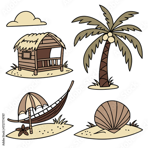 Charming hand drawn tropical island elements including a beach hut palm tree hammock with umbrella and seashell on sand