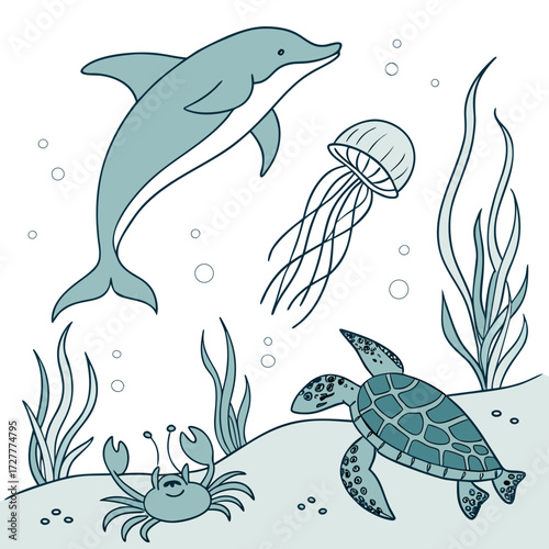 Charming underwater scene featuring a playful dolphin graceful jellyfish friendly crab and a sea turtle swimming amongst seaweed and bubbles