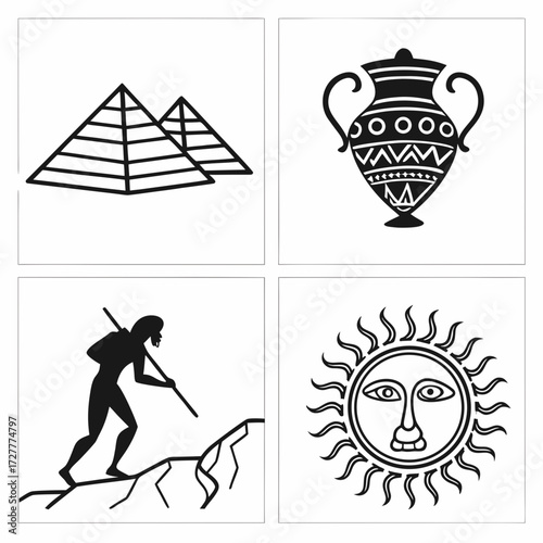 Collection of ancient symbols including egyptian pyramids a decorated amphora a prehistoric hunter and a sun face