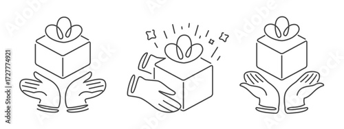 Receiving gift box with bow, line icon. Present in hands symbol. Generosity surprise celebration festive event emblem