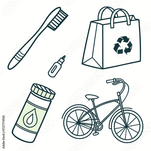 Collection of hand drawn line art icons representing sustainable living and personal care items including a toothbrush reusable shopping bag bicycle and toiletries