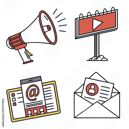 Collection of marketing and communication icons including a megaphone billboard mobile device with email symbol and an open envelope with contact information