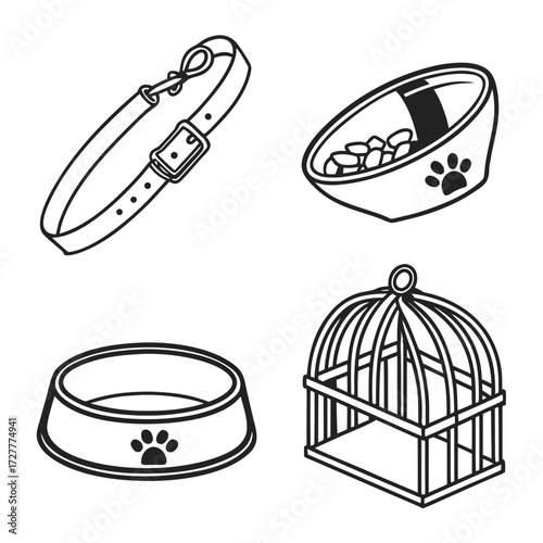 Collection of simple line art icons representing essential pet supplies including a collar food bowl water bowl and bird cage