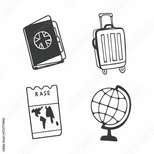 Collection of hand drawn travel icons including a passport suitcase ticket with world map and a globe on a white background
