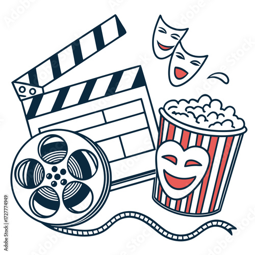Collection of movie symbols including a clapperboard film reel popcorn bucket and theater masks representing cinema and entertainment