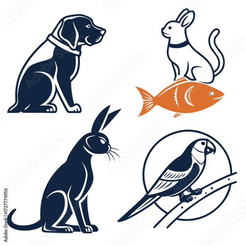 Collection of stylized animal icons including a dog rabbit fish and parrot for pet or wildlife themes